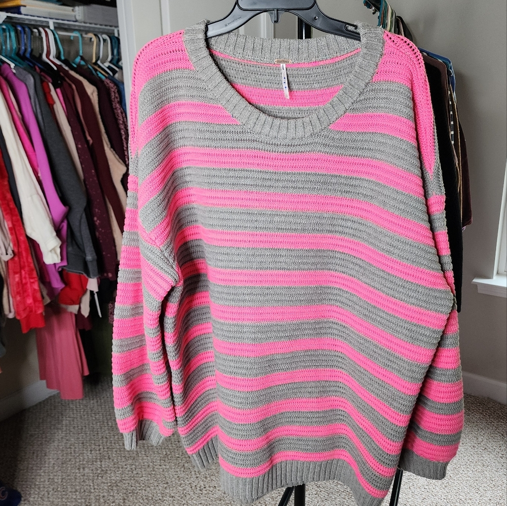 Free People Vibrant Pink and Soft Gray Striped Sweater Links Pullover Large